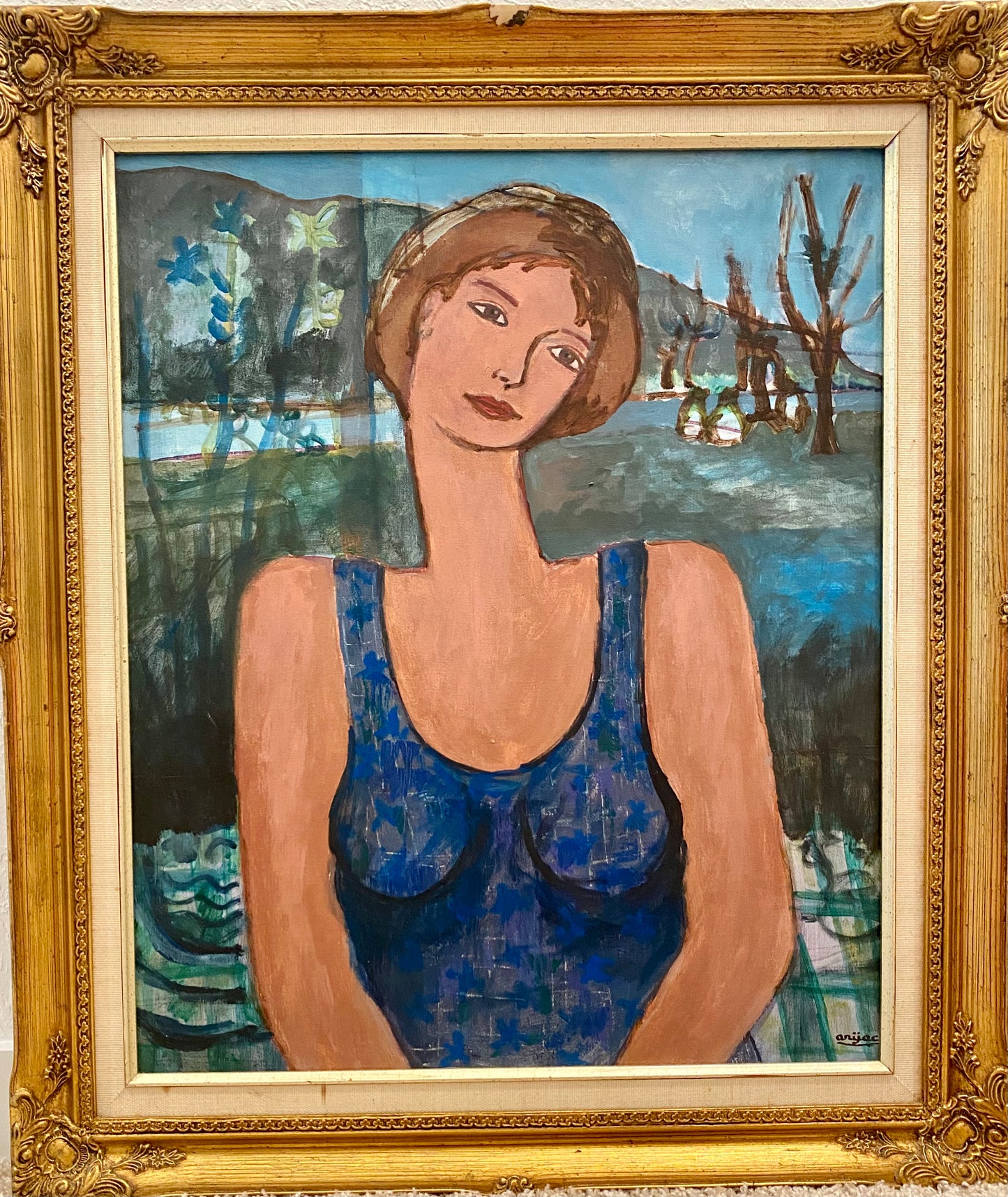 Harry Jacques (Arijac) 24"x26" Blue Female Portrait Acrylic on Canvas Painting #1TC