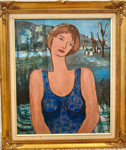 Harry Jacques (Arijac) 24"x26" Portrait féminin bleu acrylique sur toile peinture #1TC