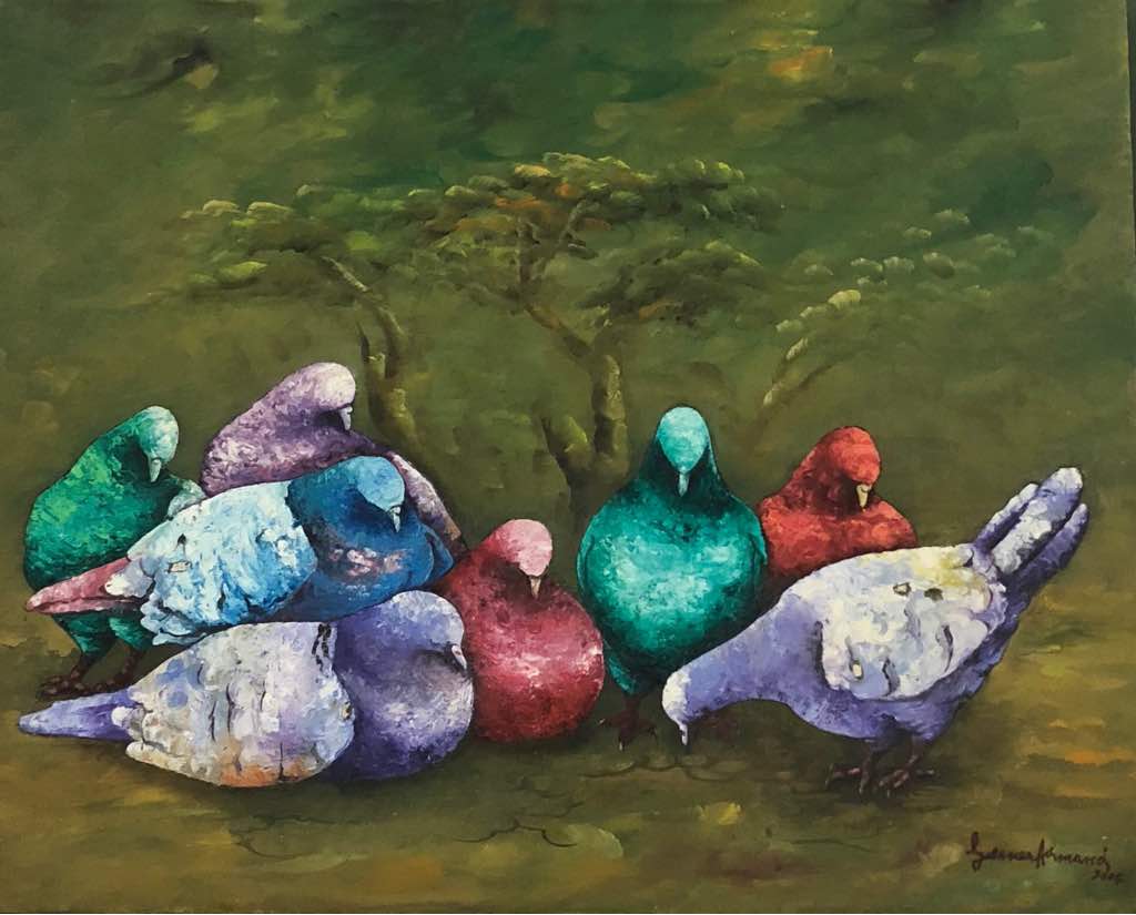Gesner Armand 16"x20" Crowded Pigeons 2004 Oil on Canvas #J73-HA
