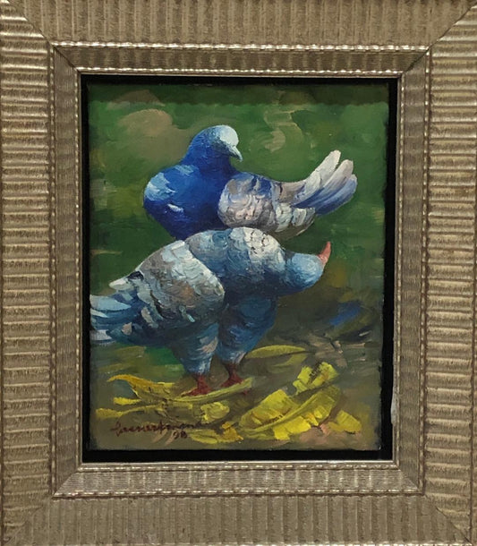 Gesner Armand (1936-2008) 11"x9.50" Pigeons bleus 1998 Huile sur toile non encadrée #2FC