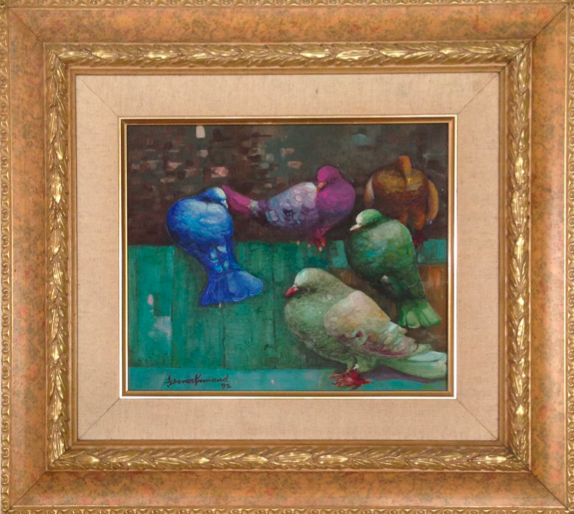 Gesner Armand (1936-2008) 10"x12" Pigeons multicolores 1992 Huile sur toile Cadre 21"x19" #1NT