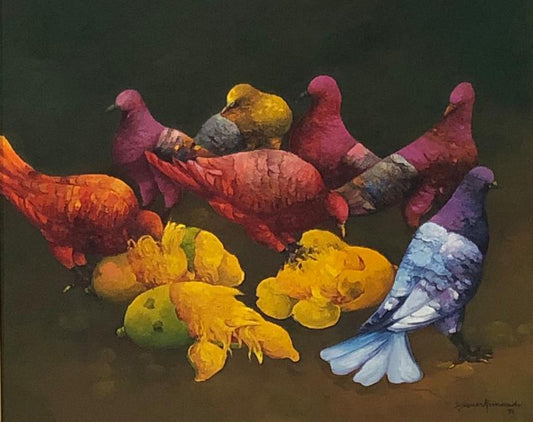 Gesner Armand (1936-2008) 20"x24" Pigeons mangeant des mangues 1991 Huile sur toile encadrée #3FC