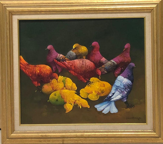 Gesner Armand (1936-2008) 20"x24" Pigeons mangeant des mangues 1991 Huile sur toile encadrée #3FC