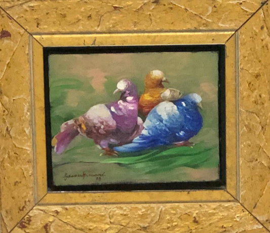 Gesner Armand (1936-2008) 9"x10" Tres palomas 1995 Óleo sobre lienzo Enmarcado #1FC