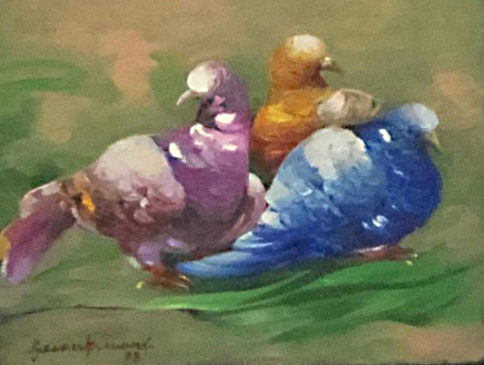 Gesner Armand (1936-2008) 9"x10" Three Pigeons 1995 Oil on Canvas Framed #1FC
