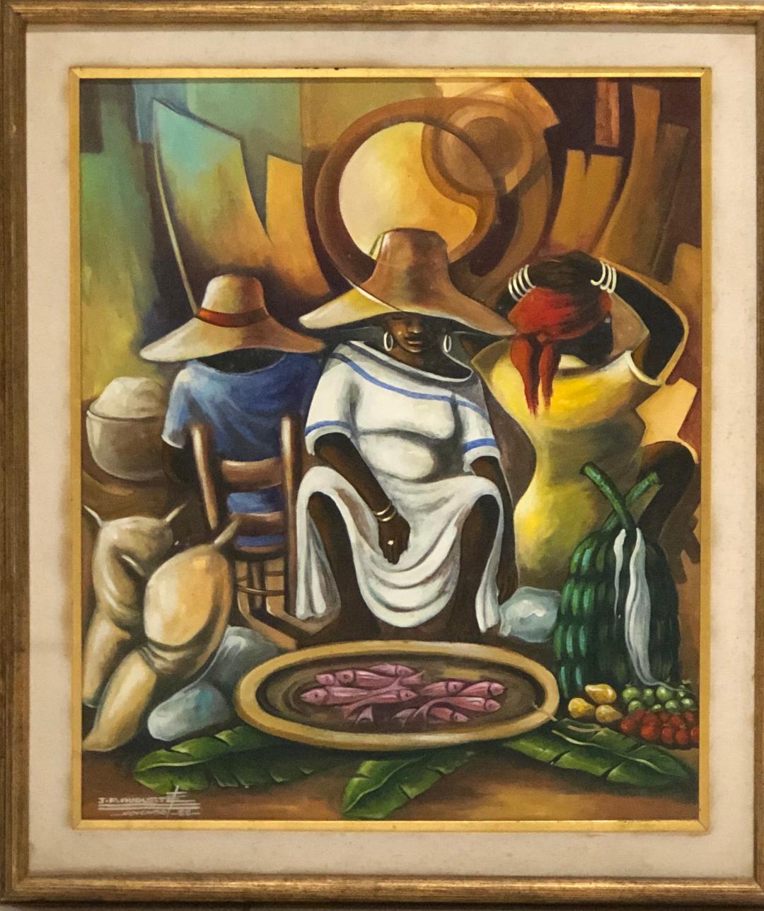 Jean Pierre Auguste 24"x20" Fish Seller at the Market Oil on Canvas Framed#5FC
