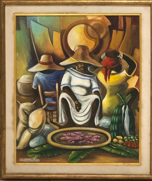 Jean Pierre Auguste 24"x20" Fish Seller at the Market Oil on Canvas Framed#5FC