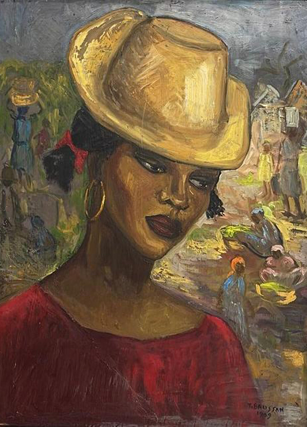 Tamara Baussan (1909-1999) 20"x16" Joven dama con sombrero amarillo 1969 Pintura acrílica sobre tabla #3GN-HA