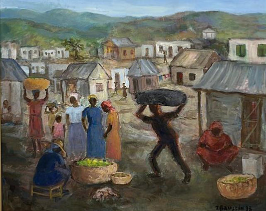 Tamara Baussan (1909-1999) 14"x18 Village Scene 1998 Pintura acrílica sobre tabla #1GN-HA