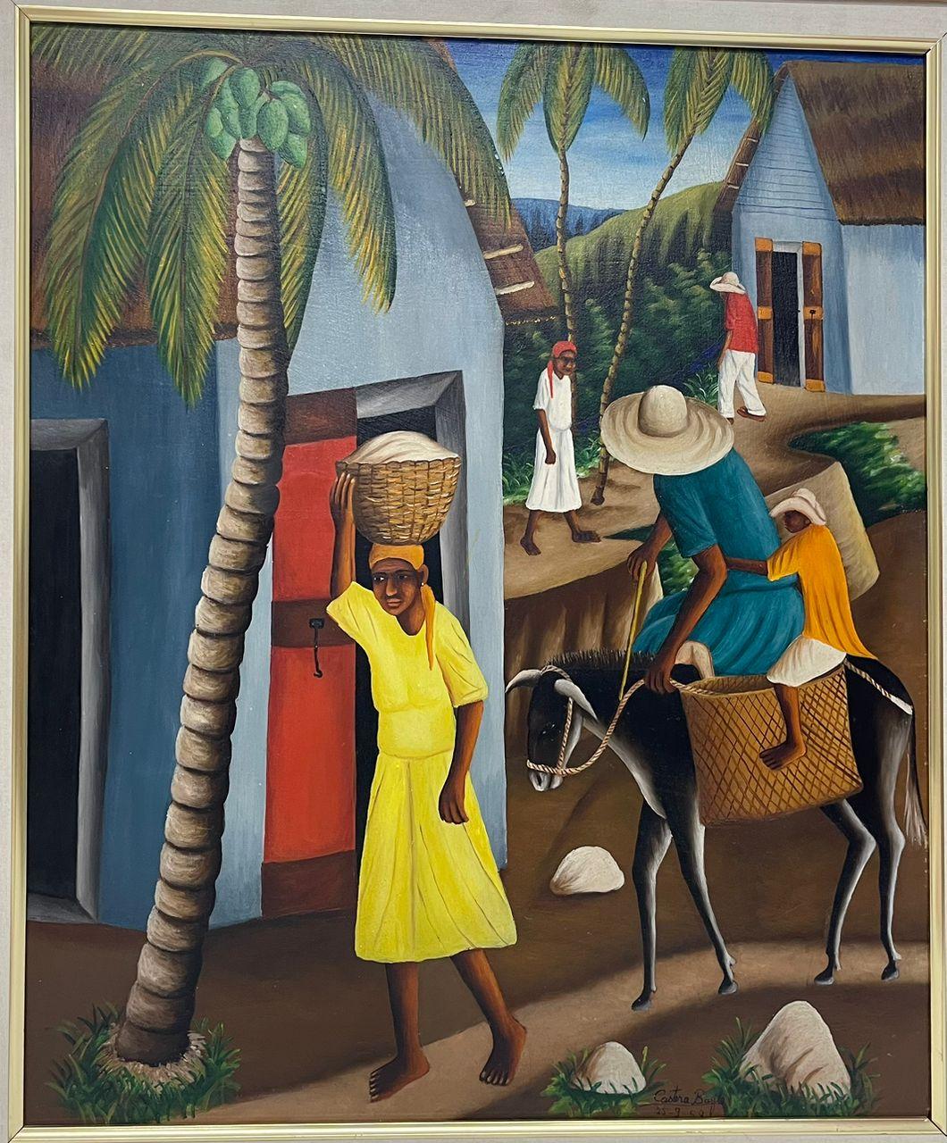 Castera Bazile (1923-1966) 24"x20" Depart Pour Le Marche 1958 Oil on Board Painting- Publié dans le livre Peintres Haitiens #1-3-96GSN-HA