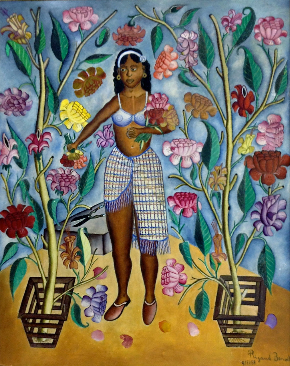Rigaud Benoit (1911-1986) 30"x24" Femme Fleur/Flower Woman 1958 Oil on Board Painting #5-3-96GSN-Fondation Marie & Georges S. Nader
