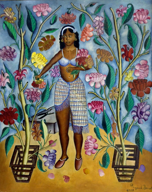 Rigaud Benoit (1911-1986) 30"x24" Femme Fleur/Flower Woman 1958 Óleo sobre tabla