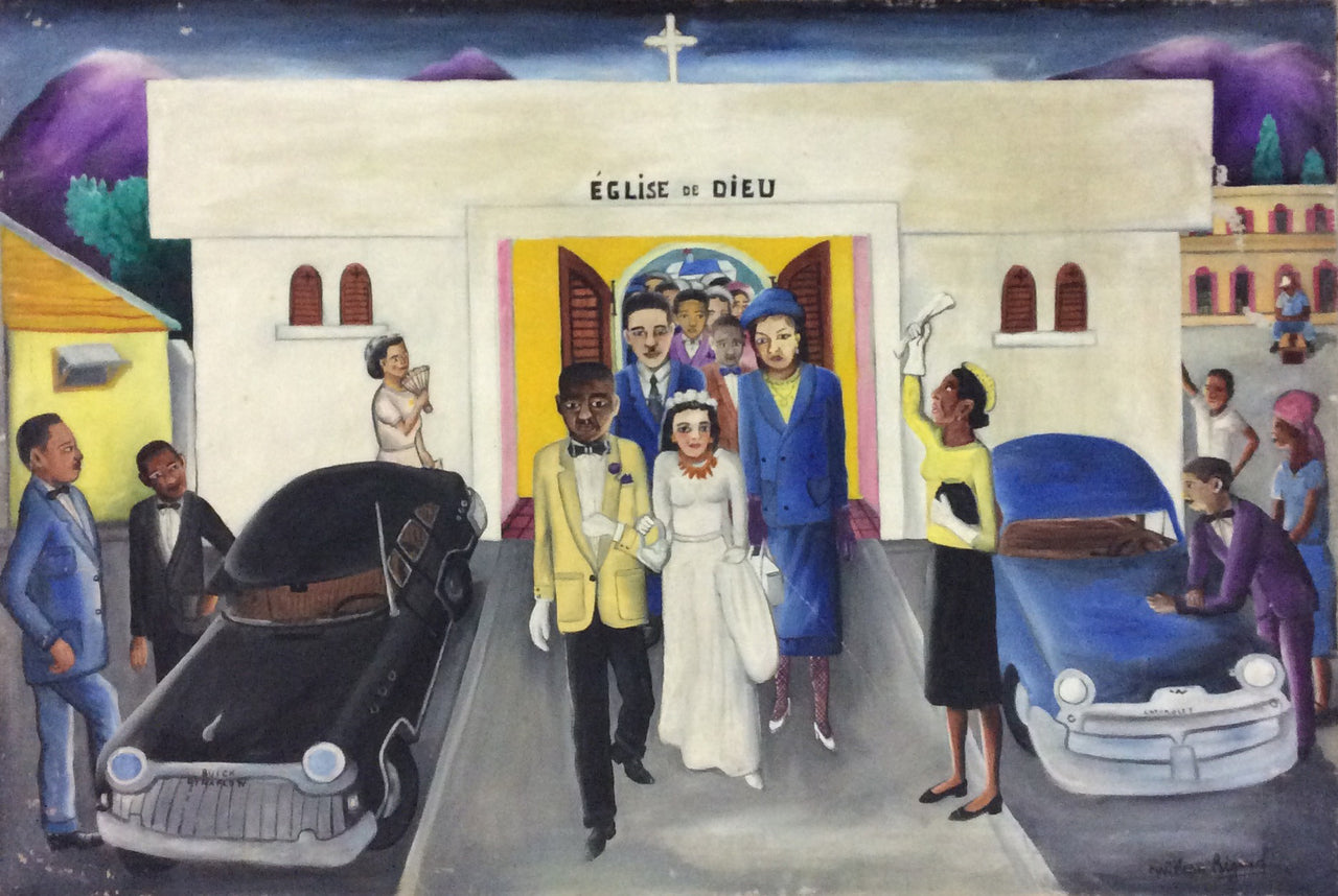 Wilson Bigaud (1931-2010) 20"x30" "Marriage a l'Eglise de Dieu" c1970  Oil on Canvas #2-2-95MFN
