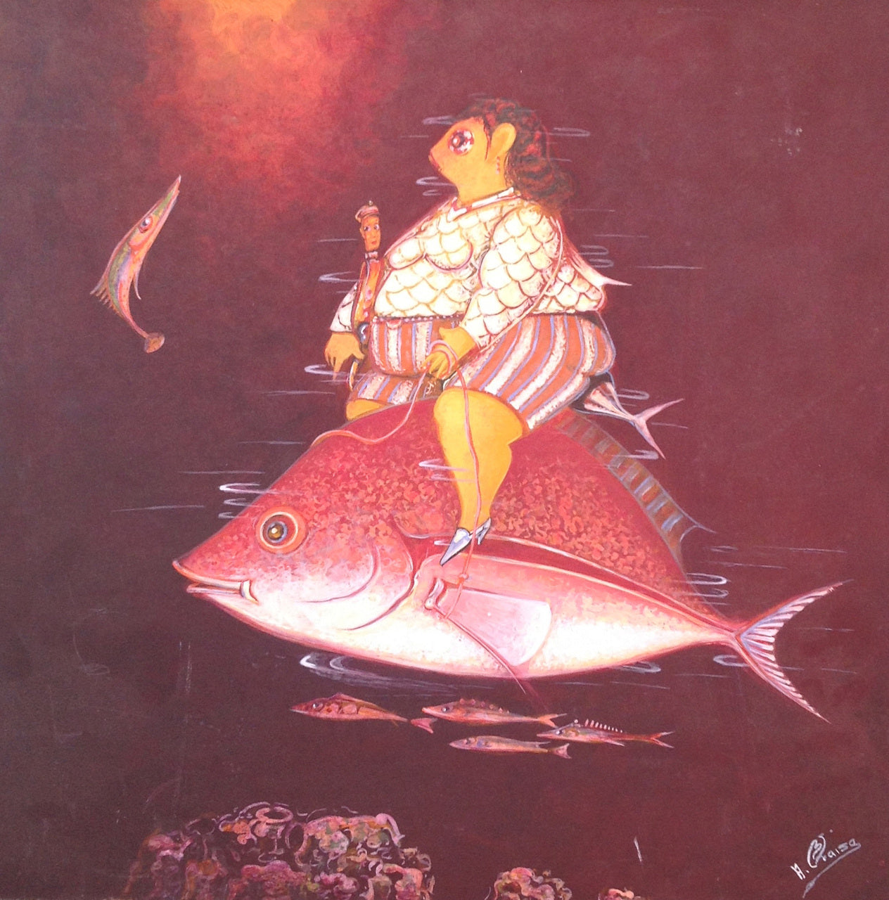 Andre Blaise 16"x16"  The Lady on a Fish Oil on Board #2104GN-HA