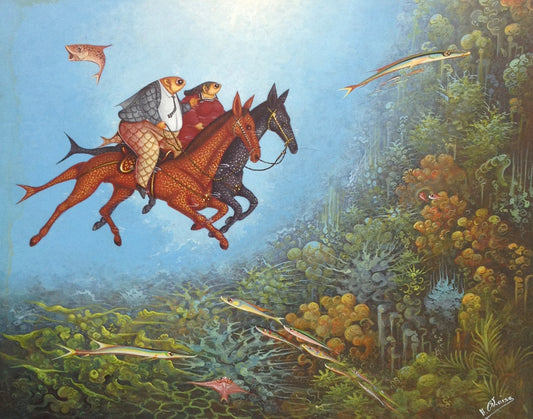 Andre Blaise 16"x20" Huile de chevaux volants sur planche #2422GN-HA