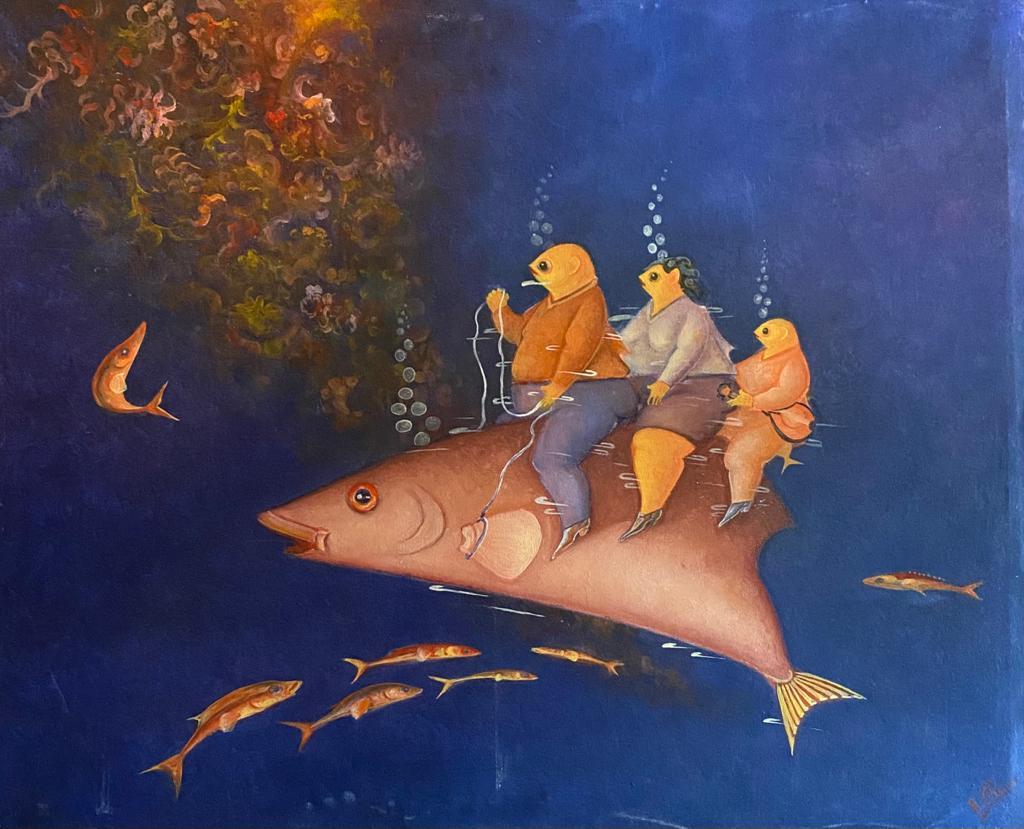 Andre Blaise 24"x30" Famille chevauchant un poisson sous-marin c2017 Acrylique sur toile Peinture #2JN-HA