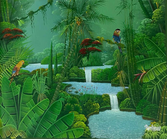 Albott Bonhomme 20"x24" Jungle avec oiseaux et cascades 2021 Acrylique sur toile #13MFN