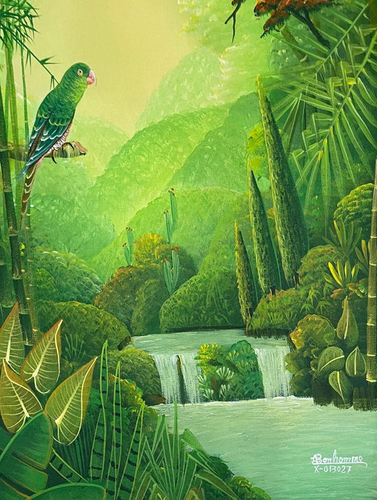 Albott Bonhomme 24"x20" Deep Forest With Birds & Cascade 2022 Acrylic on Canvas Painting#30MFN