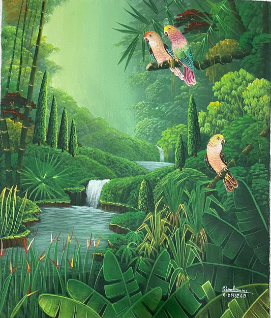 Albott Bonhomme 24"x20" Trois oiseaux dans la jungle tropicale avec cascade et arbres 2022 Acrylique sur toile Peinture #31MFN