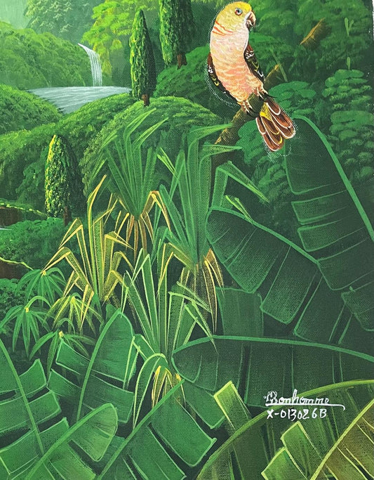 Albott Bonhomme 24"x20" Trois oiseaux dans la jungle tropicale avec cascade et arbres 2022 Acrylique sur toile Peinture #31MFN