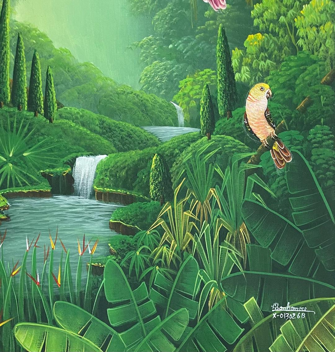 Albott Bonhomme 24"x20" Three Birds In Tropical Jungle With Cascade & Trees 2022 Acrylic on Canvas Painting #31MFN