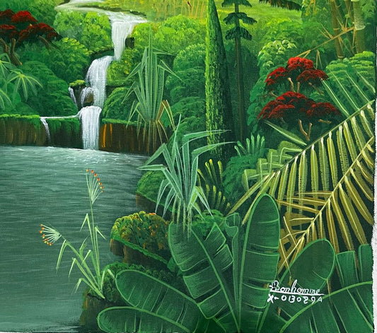 Albott Bonhomme 20"x24" Forêt tropicale luxuriante avec oiseaux, cactus et cascade 2022 Acrylique sur toile Peinture #33MFN