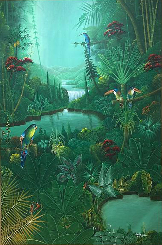 Albott Bonhomme 60"x40 » Oiseaux au paradis - Bordures peintes de 2 » 2023 Acrylique sur toile Peinture #34MFN