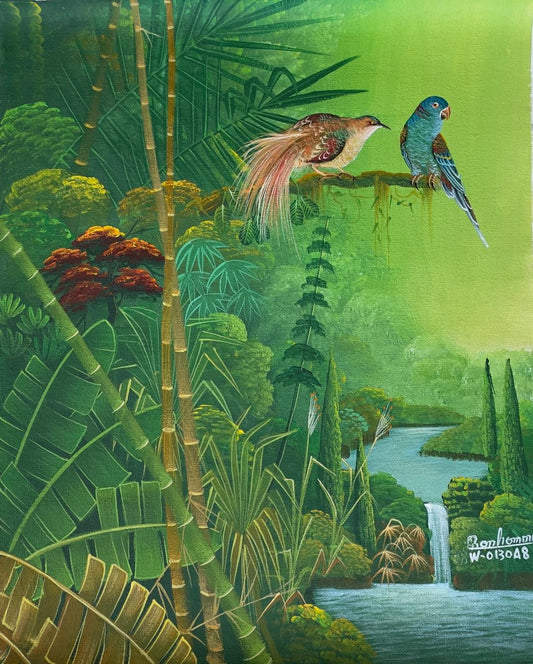 Albott Bonhomme 20"x16" Oiseaux sur Cascade 2022 Acrylique sur toile Peinture #17MFN