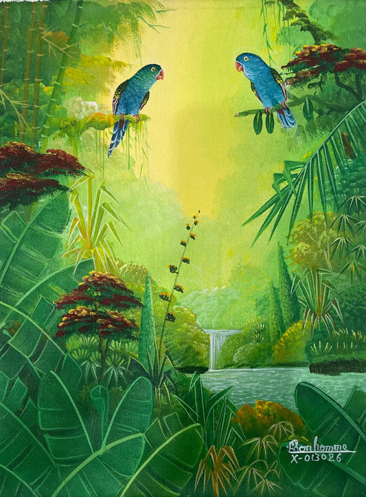 Albott Bonhomme 16"x12 » Deux oiseaux bleus, arbres et cascade 2023 Acrylique sur toile peinture #34A-MFN