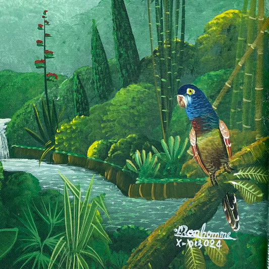 Albott Bonhomme 12"x16" Deux oiseaux sur cascade 2023 Acrylique sur toile Peinture #38MFN
