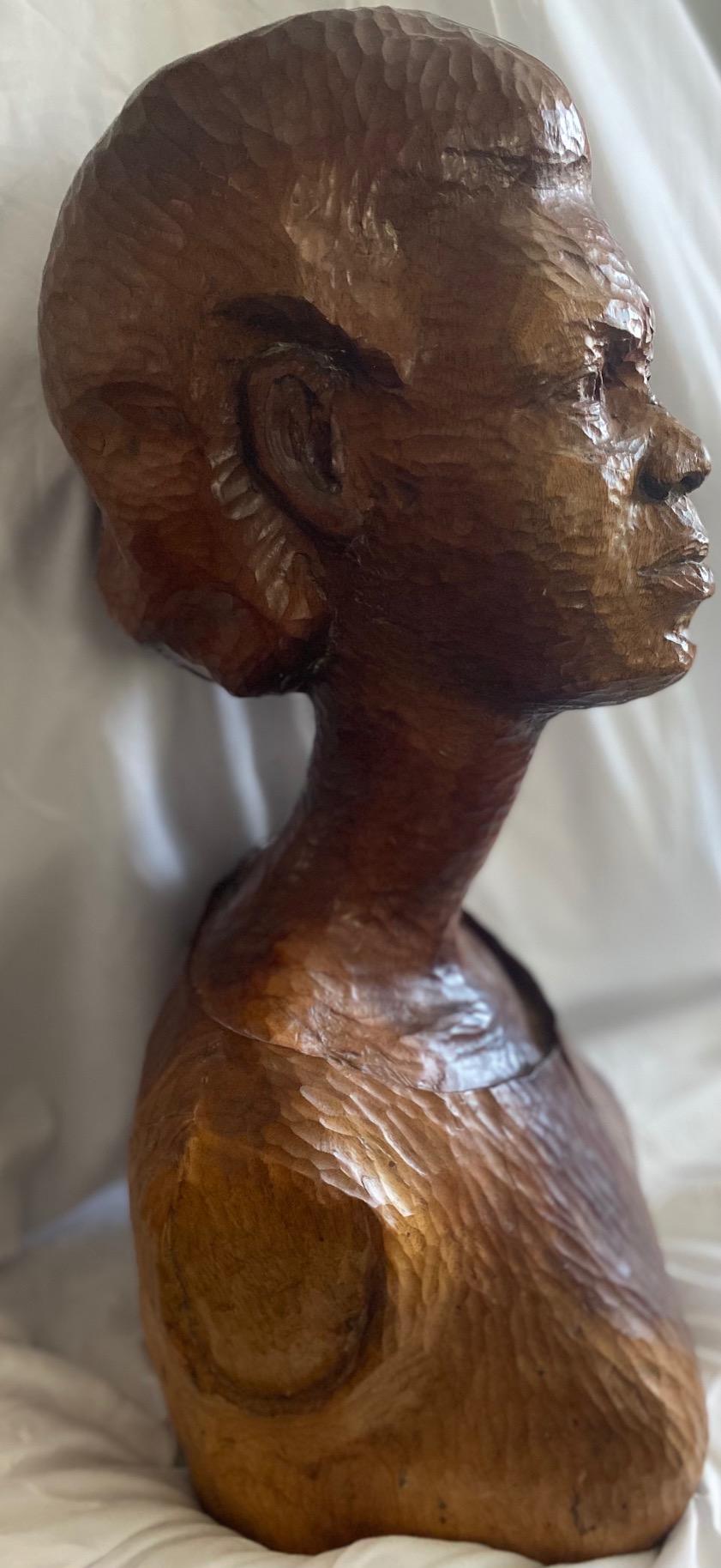 Ludovic Booz (1940-2015) 20x10x9 Lady Bust Hand-Carved Wood Sculptu