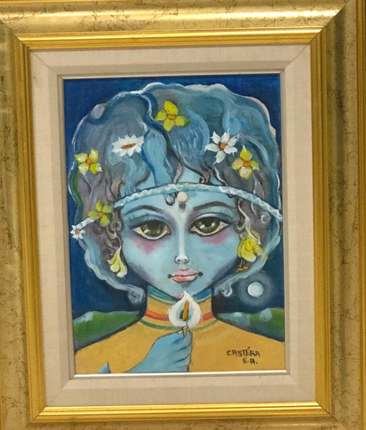 Jean-Claude Castera 15"x10” Girl with Flower Acrylic on Masonite Framed #3FC