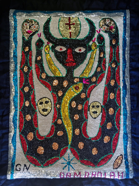 Gus Nul (G.N)- Haitian Sequined  and Beaded Voodoo Flag on Satin, 2016 