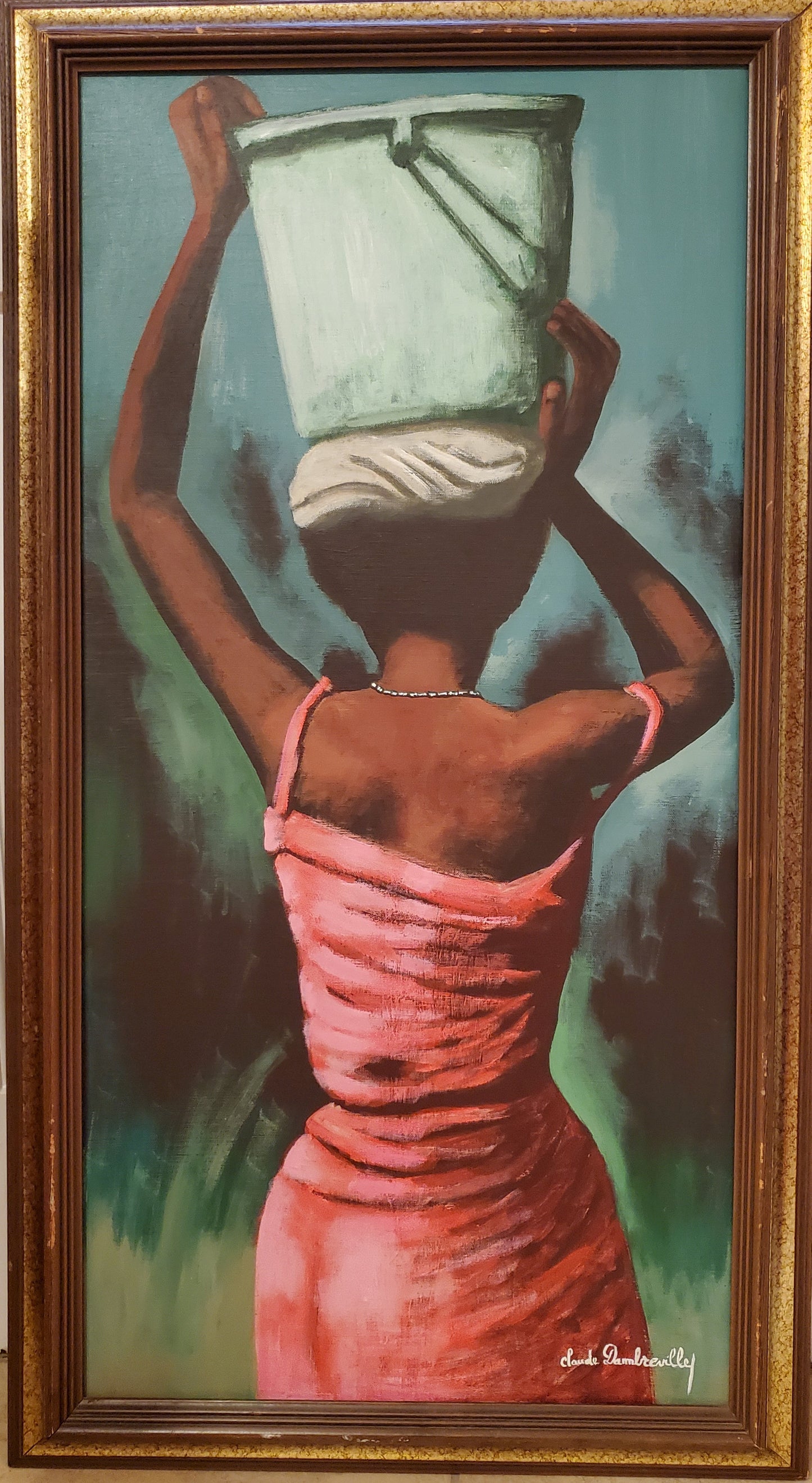 Claude Dambreville (1934-2021) 36"x18" Lady Carrying Bucket Of Water On Her Head c1990 Acrylic on Canvas #3MF
