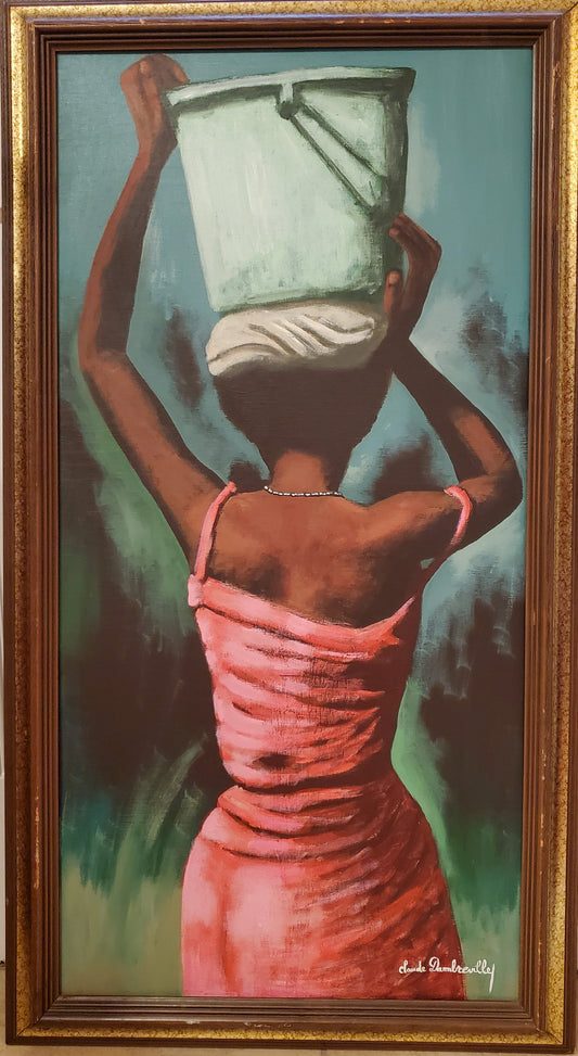 Claude Dambreville (1934-2021) 36"x18" Dama llevando un balde de agua en la cabeza c1990 Acrílico sobre lienzo #3MF