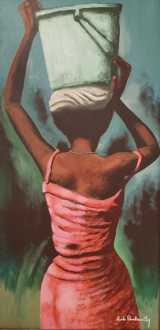 Claude Dambreville (1934-2021) 36"x18" Dama llevando un balde de agua en la cabeza c1990 Acrílico sobre lienzo #3MF