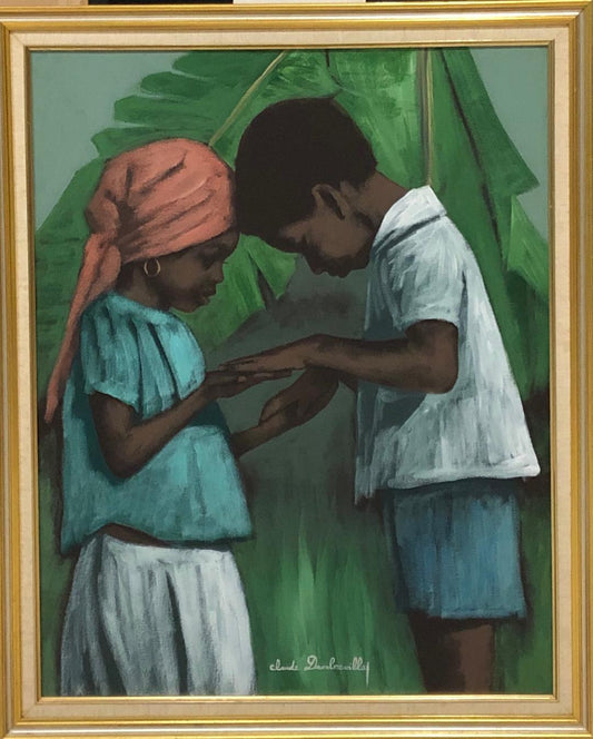 Claude Dambreville 30"x24" Enfants priant acrylique sur toile encadrée #2FC