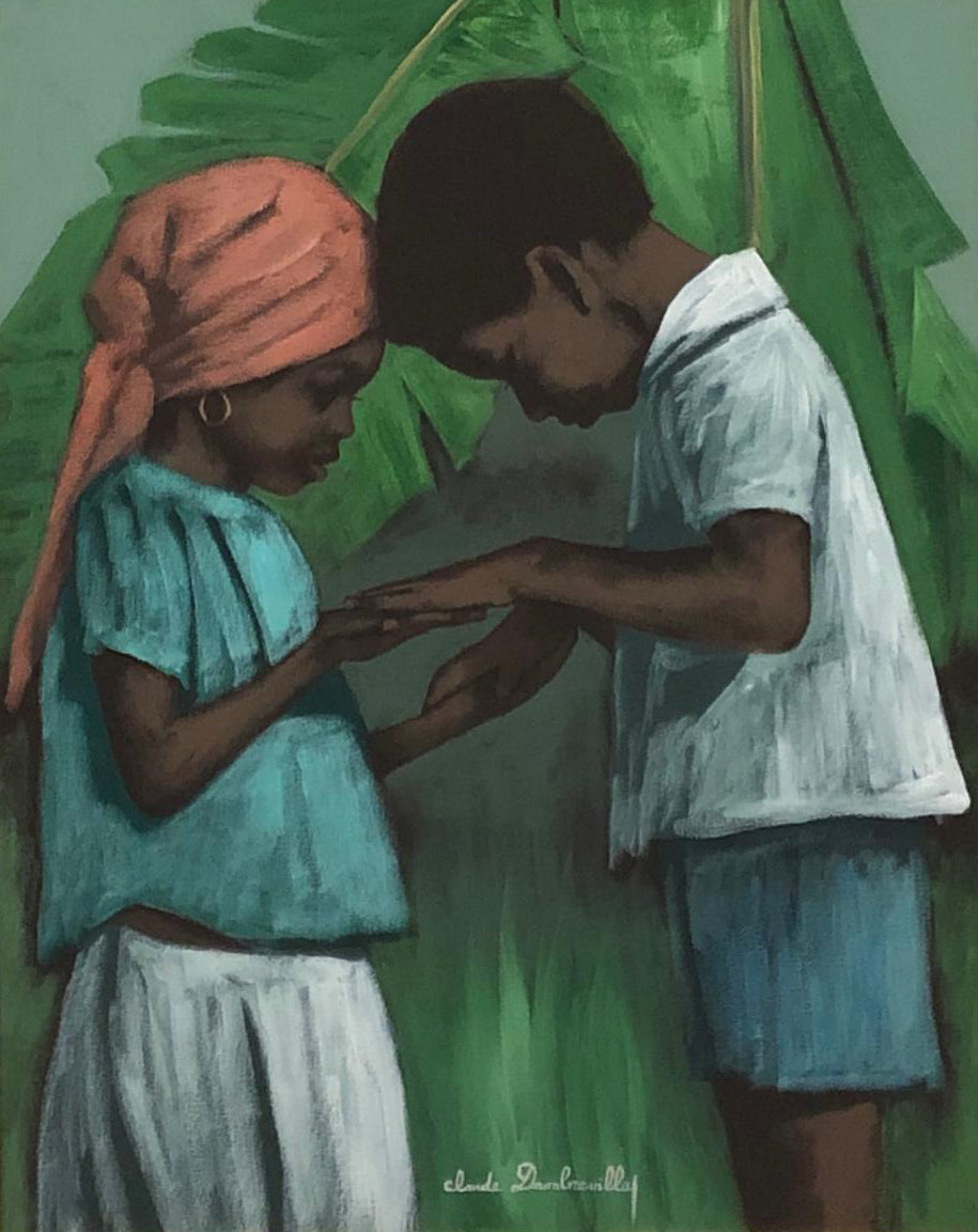 Claude Dambreville 30"x24" Children Praying Acrylic on Canvas Framed #2FC