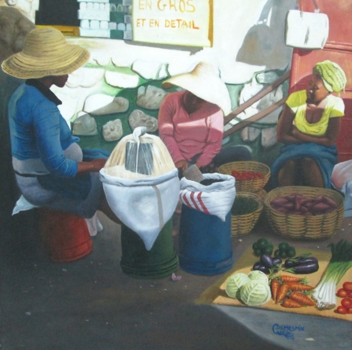 Demesmin Cabrini 30"x30" Escena de mercado Acrílico sobre lienzo #J33-HA
