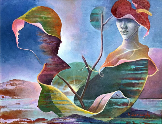 Albert Desmangles 14"x18" Dames avec fleur et chapeau 2017 Acrylique sur toile #2MFN