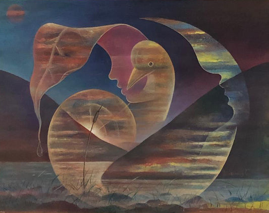 Albert Desmangles 24"x30" Bird and Moon Acrylic on Canvas Framed #1FC