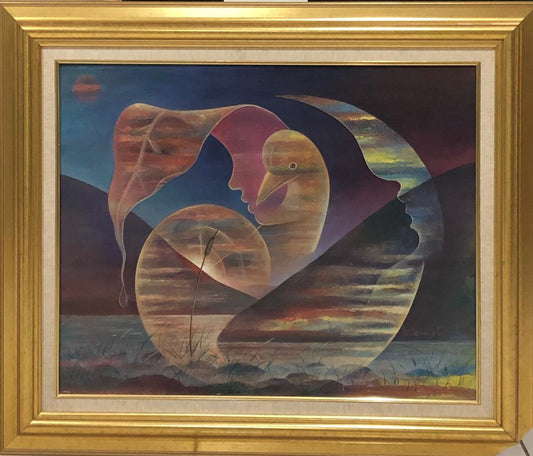 Albert Desmangles 24"x30" Bird and Moon Acrylic on Canvas Framed #1FC