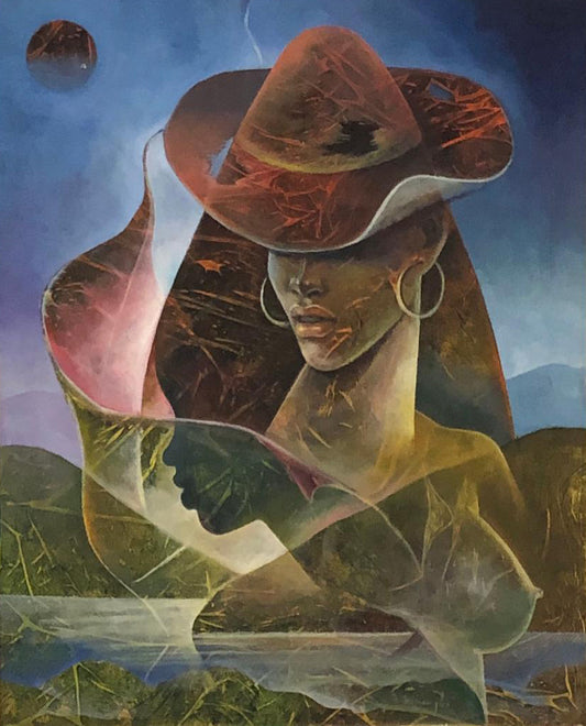 Albert Desmangles 24"x30" Lady, Hat, Profile Acrylic on Canvas Framed #2FC