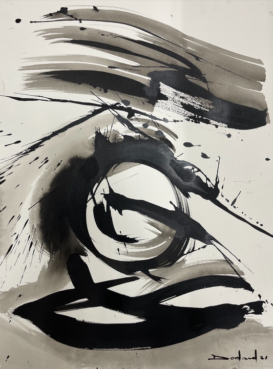 Philippe Dodard 24"x18" Noir et Blanc Abstrait 2021 Encre et Acrylique sur Papier Arches #2105GN-HA