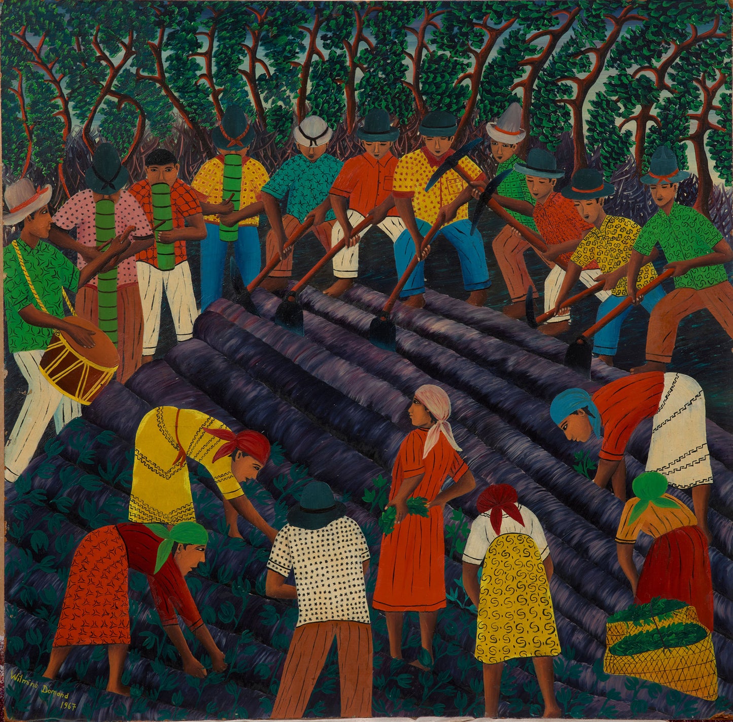 Wilmino Domond (1925-2006) 23.5"x23.75" The Harvesters 1967 Oil on Board Painting Unframed #1PS