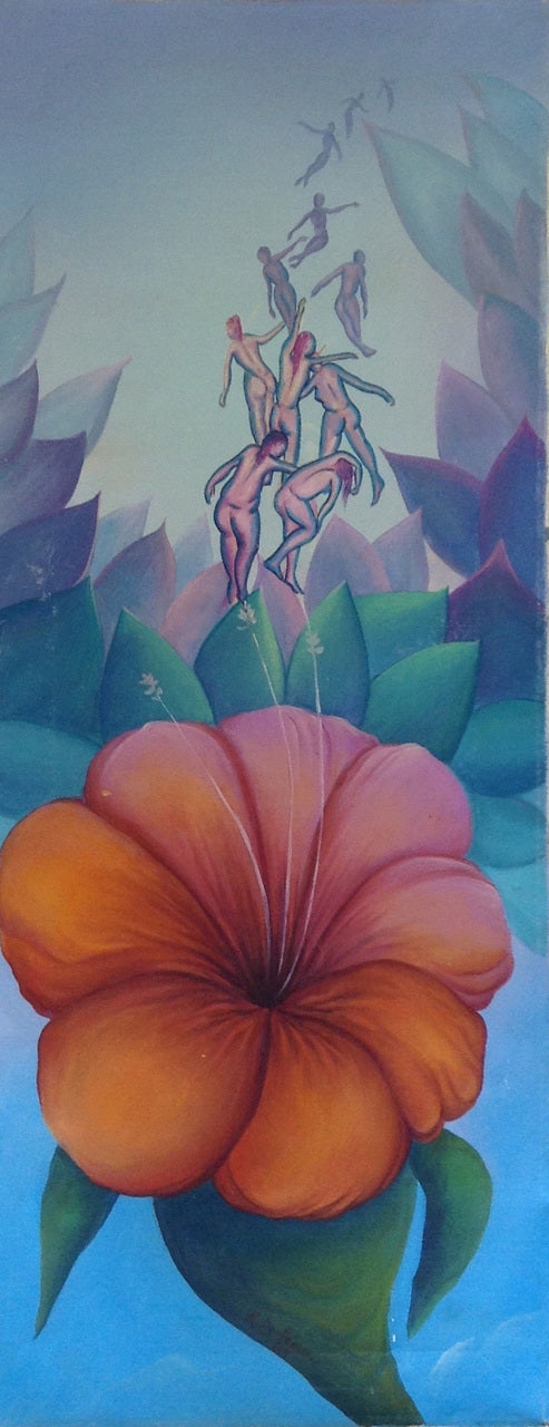 Raymond Dorleans (1947-2000) 24"x12" Hibiscus/Dames 1989 Huile sur toile #7-2-95MFN