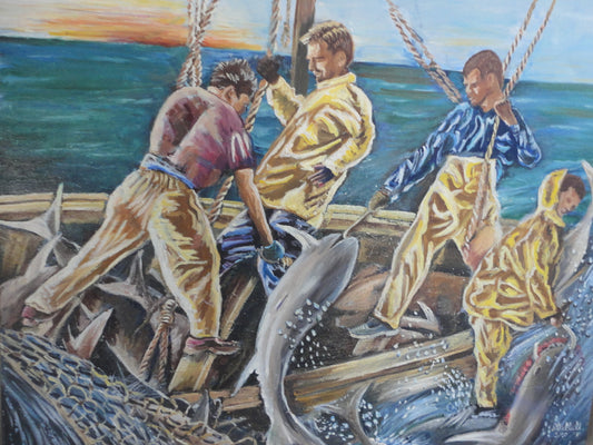 Micheline Dusseck 28,75" x 24" Huile de pêcheurs sur toile #5CMD