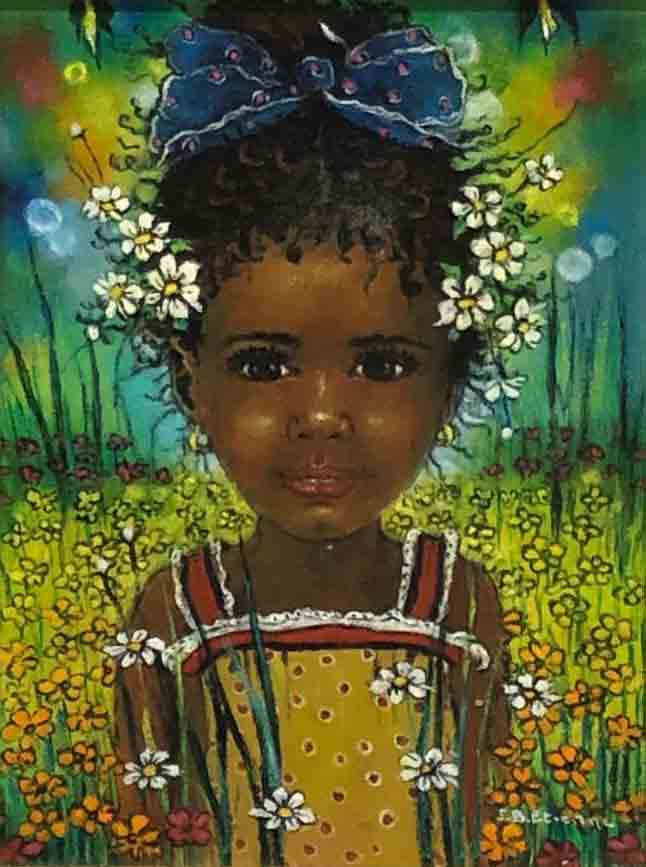 Jean-Bernard Etienne (1952-2019) 16"x9" Petite fille dans la prairie Acrylique sur toile encadrée #1FC