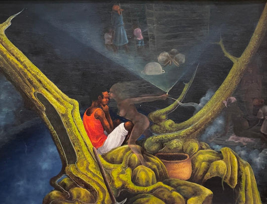 Celestin Faustin (Haitian, 1948-1981) 24"x48" Haunted by Erzulie 1974 Oil on Board Painting #1MFN