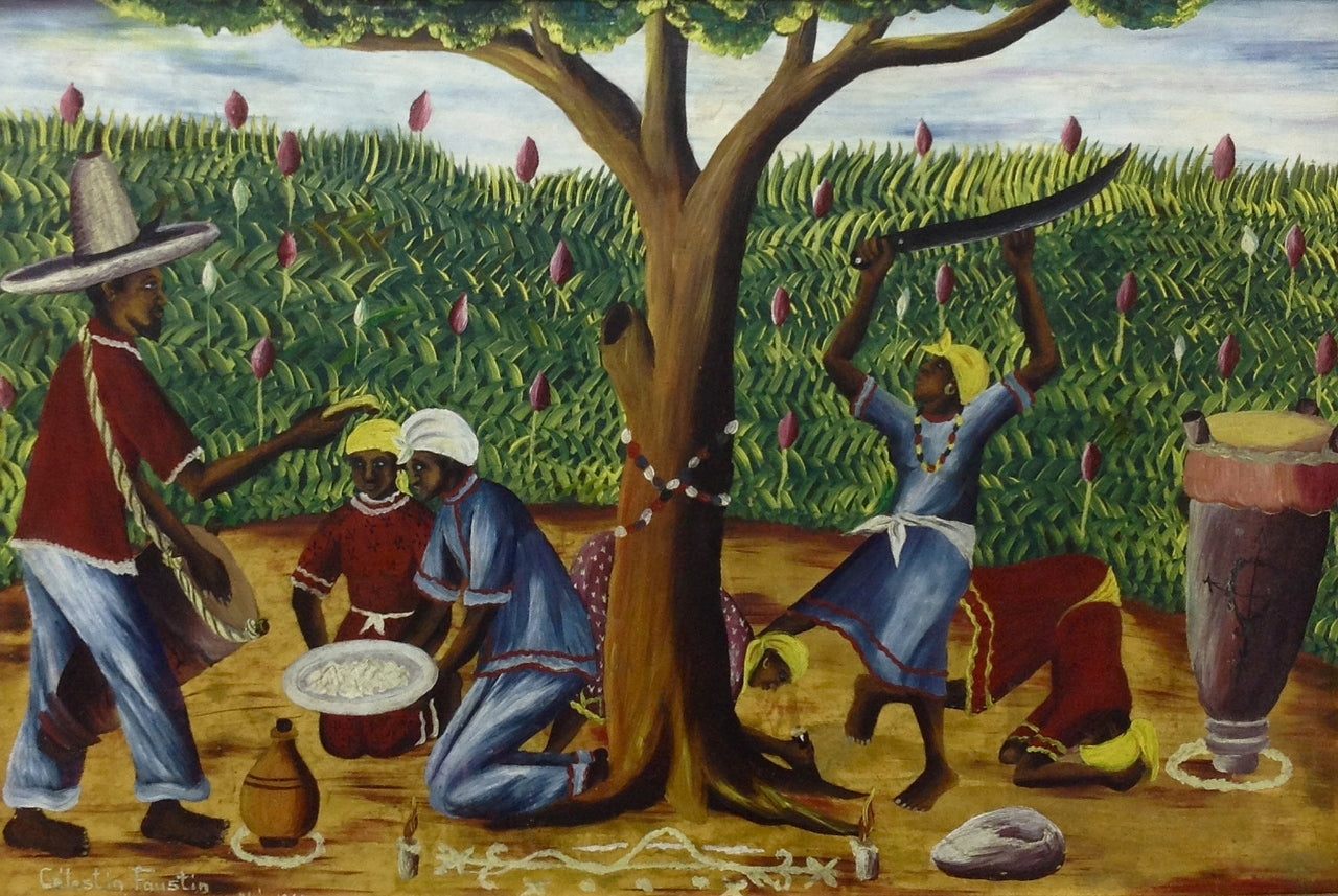 Célestin Faustin (1948- 1981) 16"x 24" Cérémonie vaudou Huile sur peinture masonite publiée dans Peintres Haitiens #7001-GN-HA